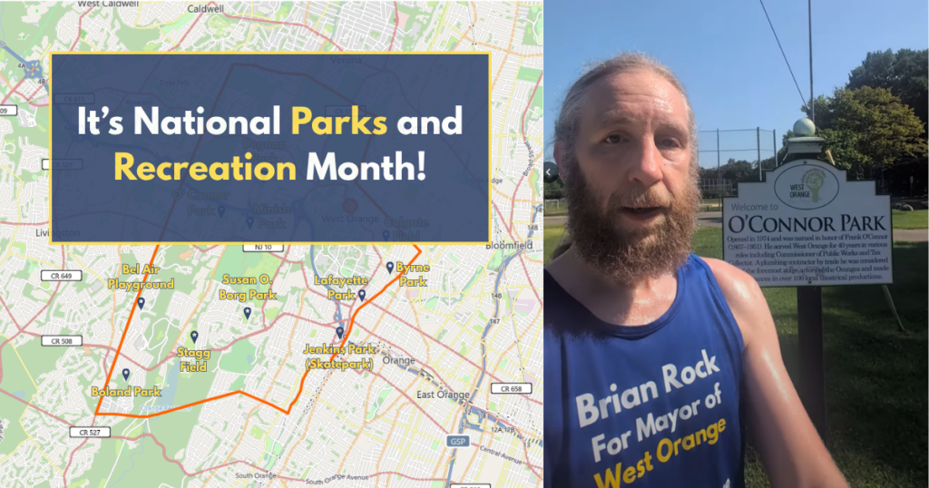 Brian Rock, candidate for Mayor in West Orange, in front of a sign for O' Connor Park. A map with the parks labeled is on the left.